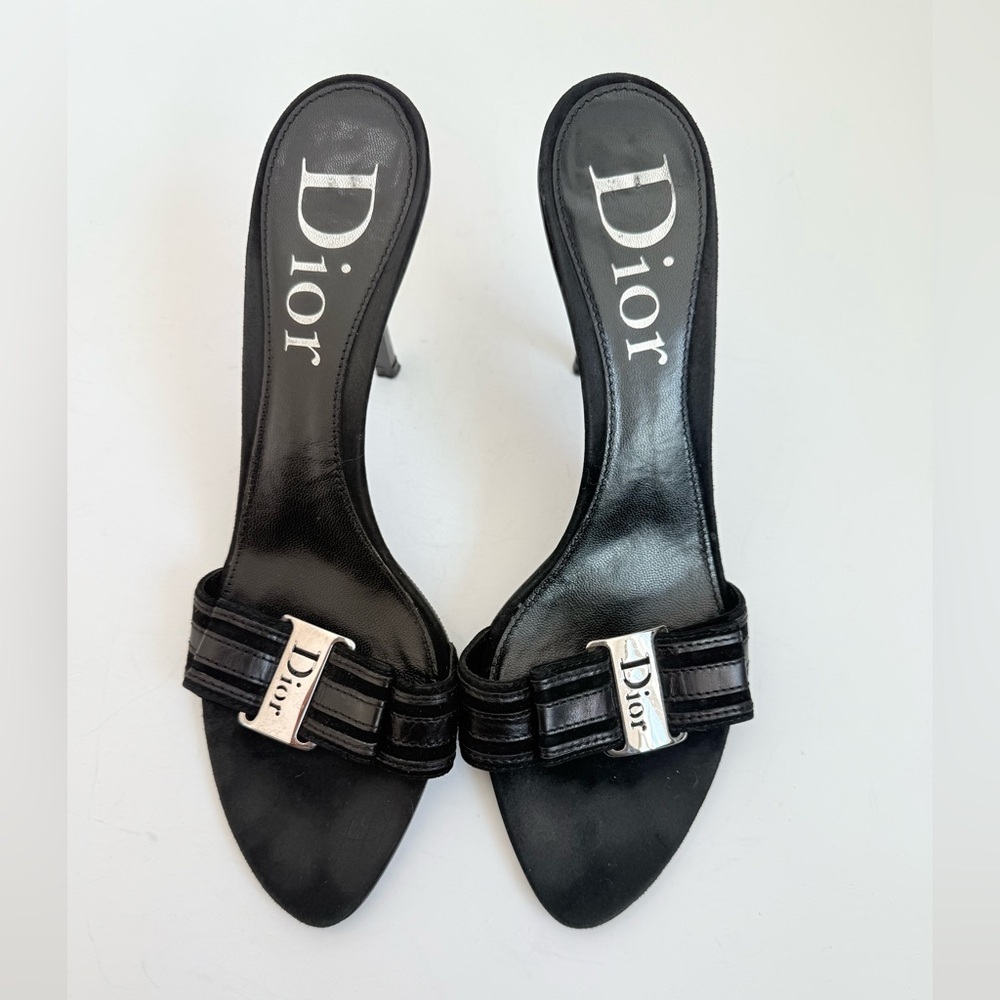 Christian Dior Y2K Black Leather Logo Plaque Kitten Heel Mules 39.5 Galliano Era - Picture 3 of 9